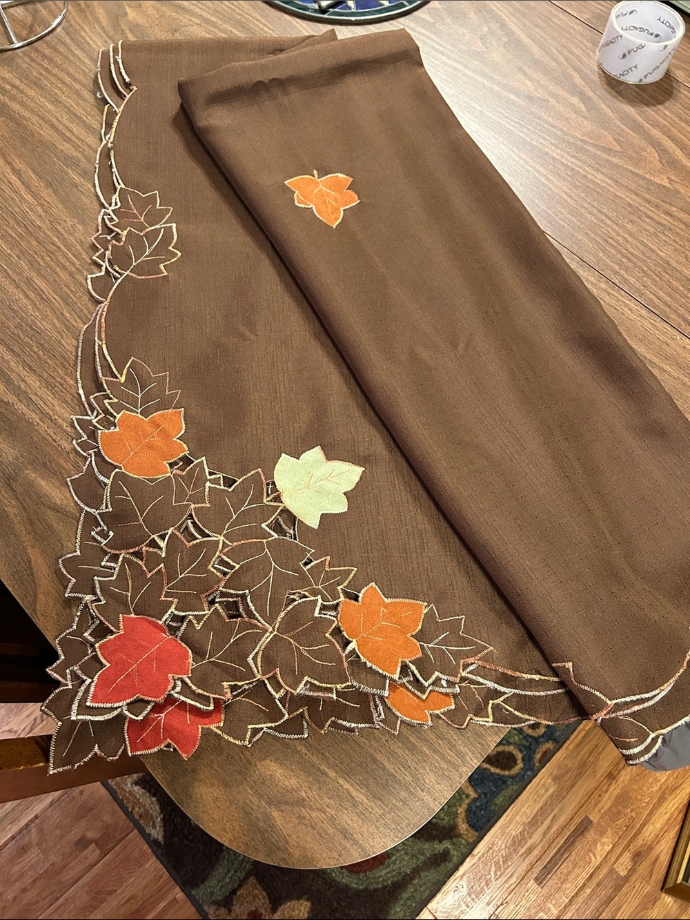 Autumn Leaf Embroidered Brown Table Cloth - Fall Leaf Accents